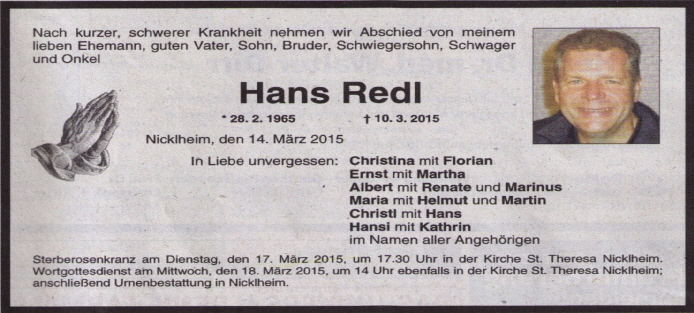 Anzeige Redl Hans