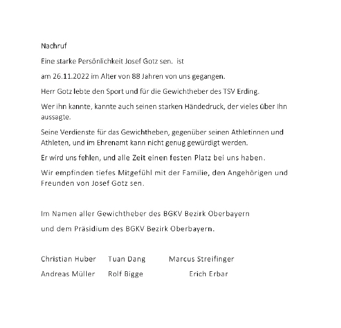 Josef Gotz sen. Nachruf